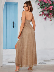 Golden Glow Twisted Bodice Pleated Maxi Dress