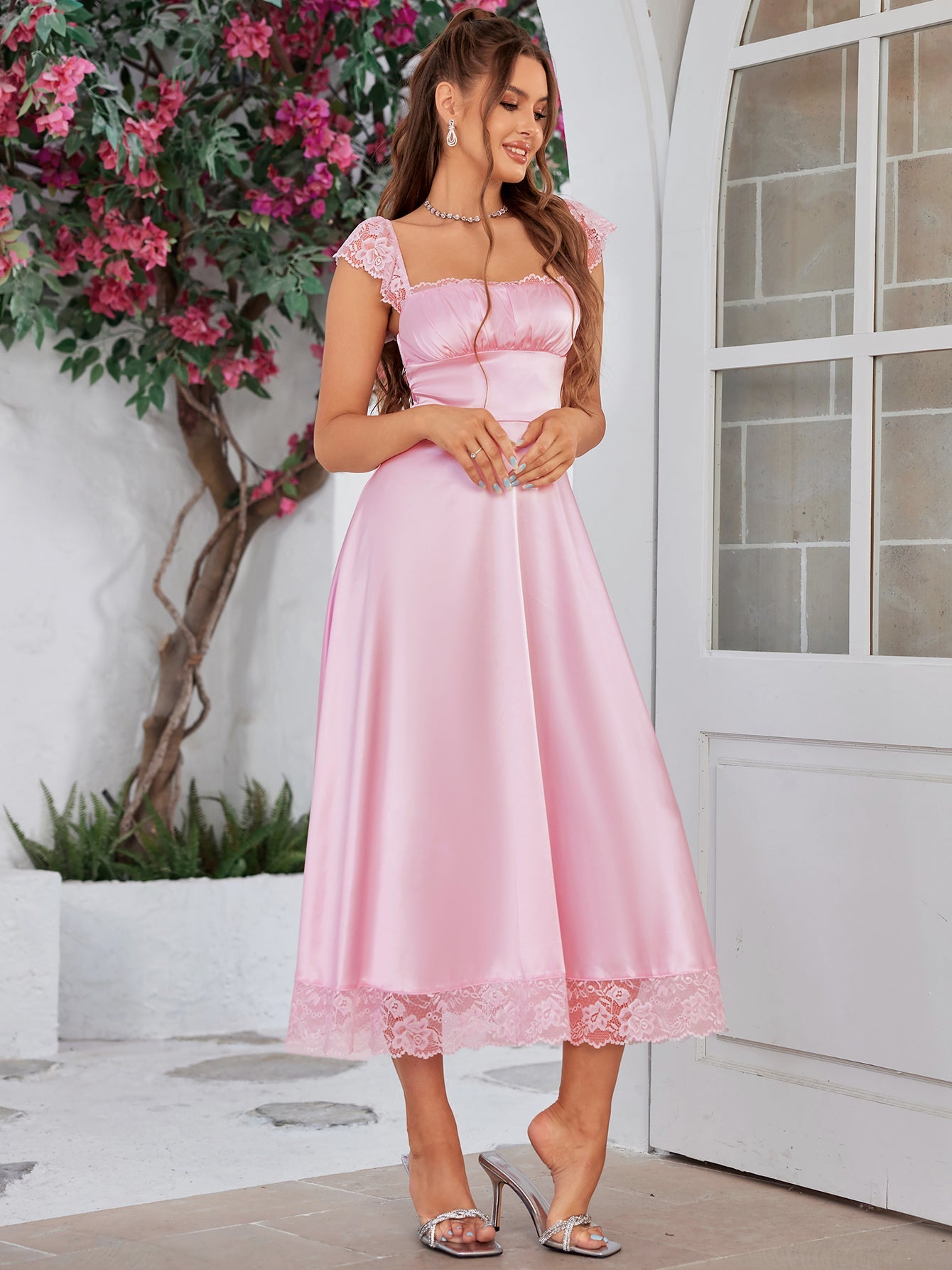Square Neckline Lace Hem Satin Dress