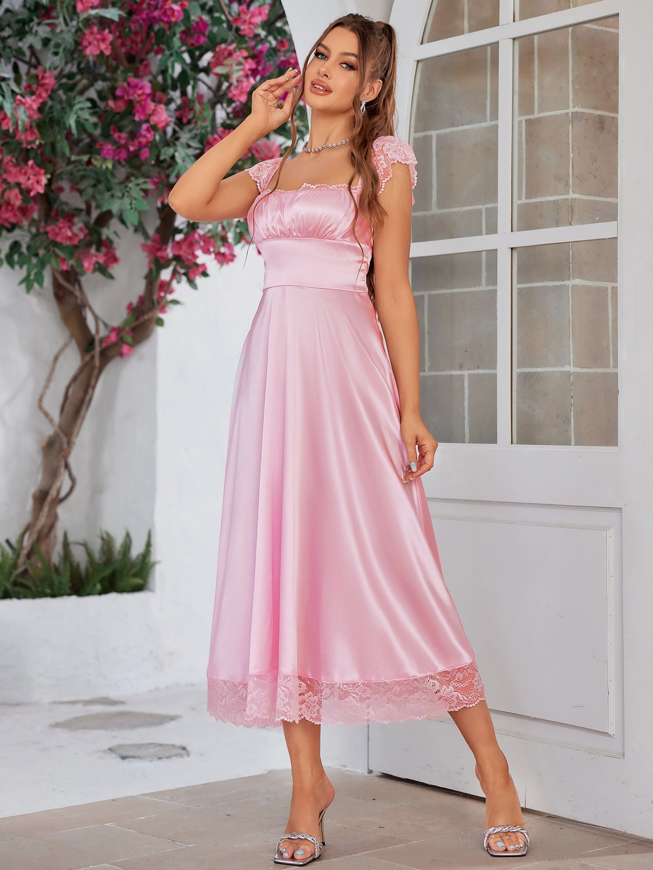 Square Neckline Lace Hem Satin Dress