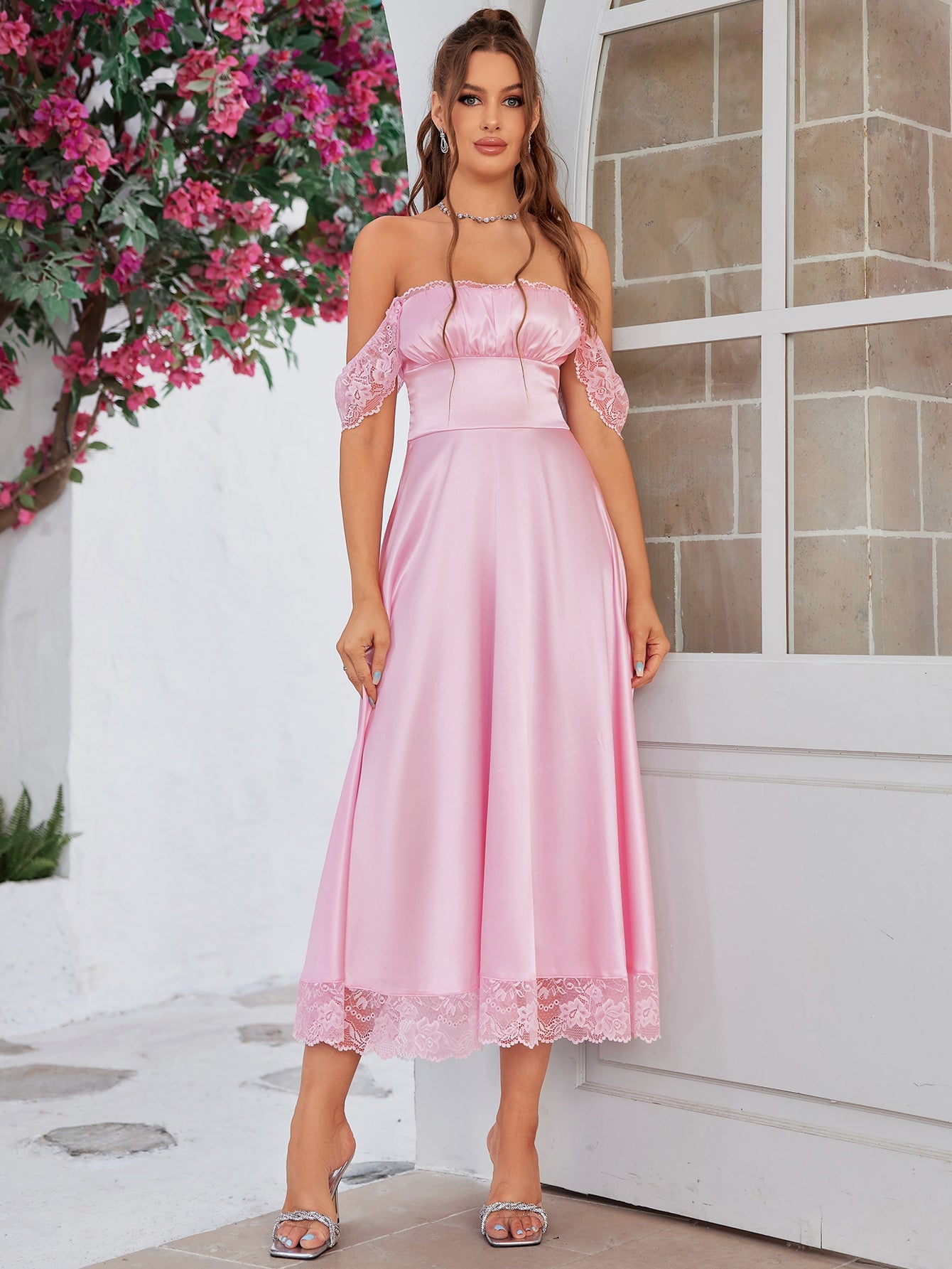 Square Neckline Lace Hem Satin Dress