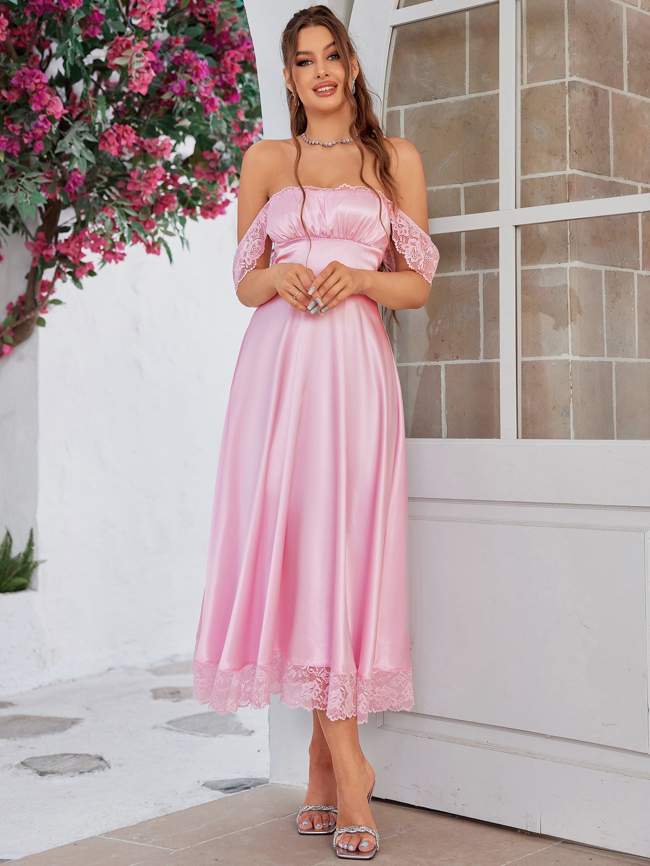 Square Neckline Lace Hem Satin Dress