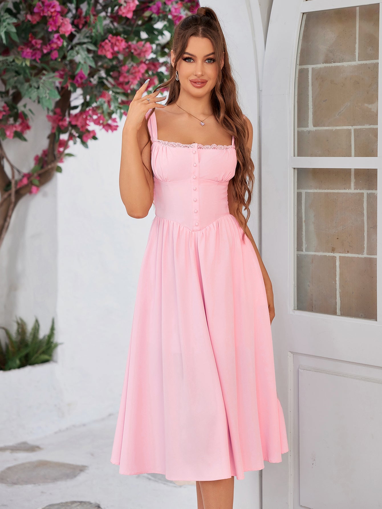 Classic Lace-Trimmed Mid-Length Dress
