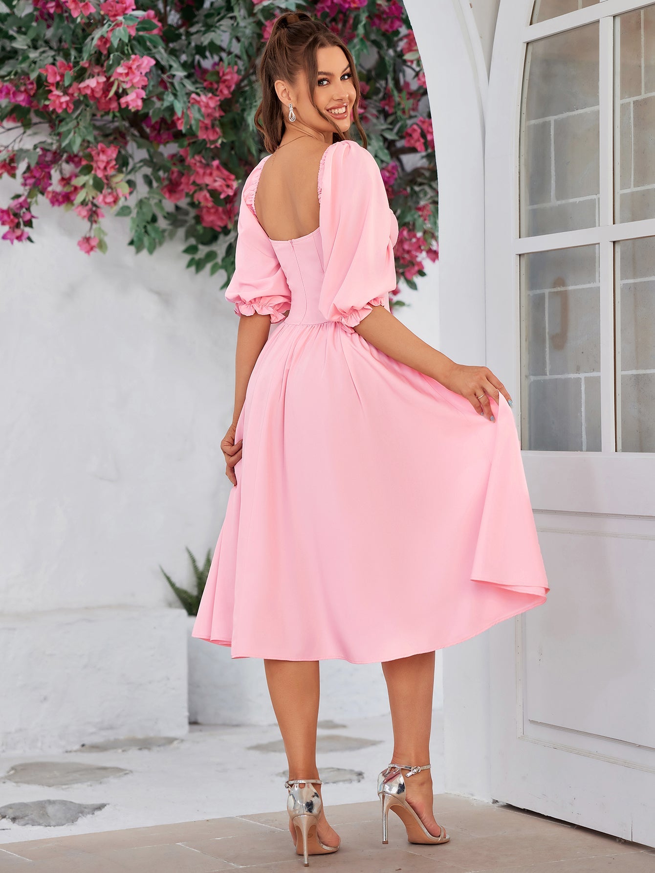 Blushing Charm Puff-Sleeve Midi Dress