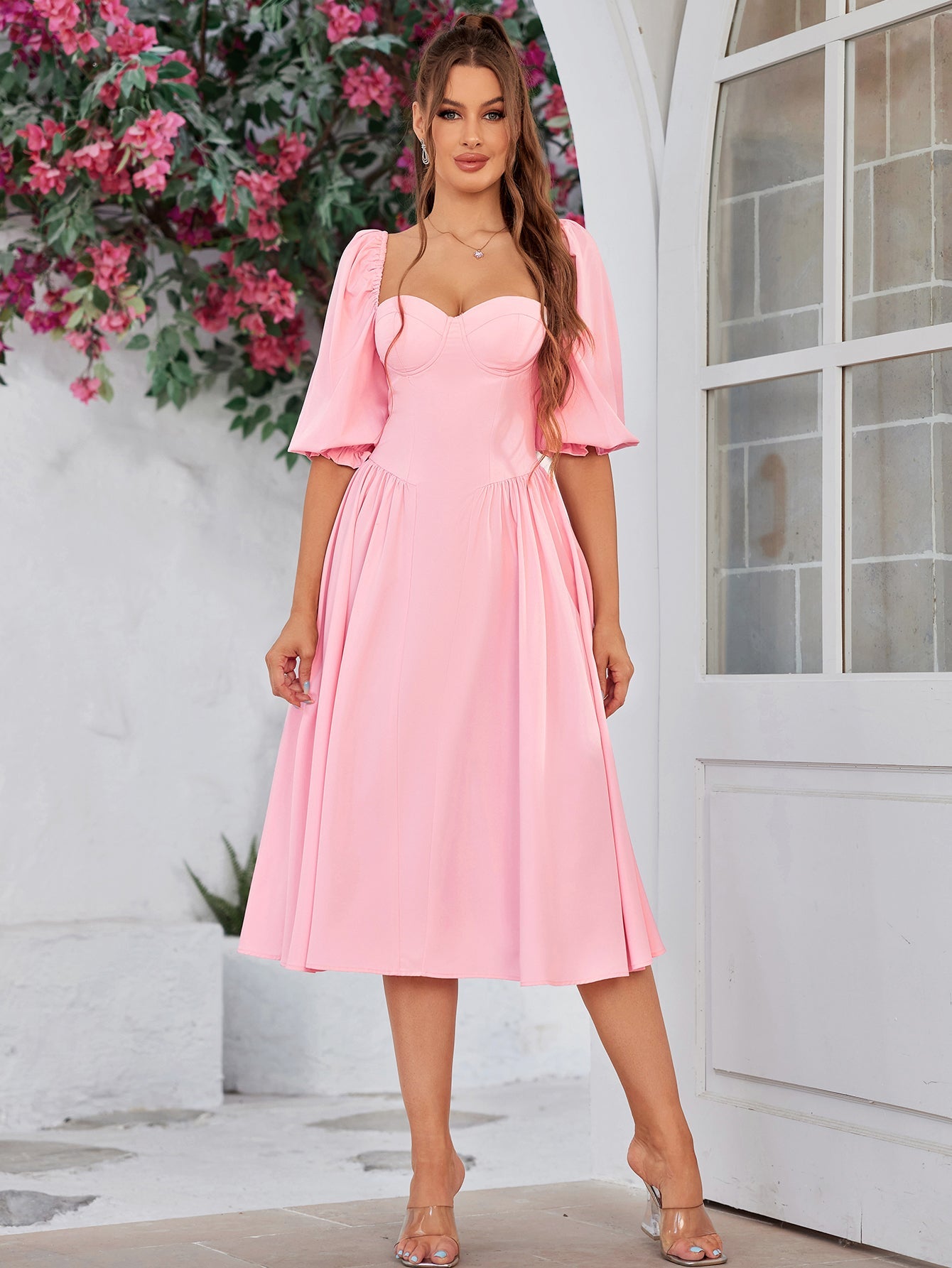 Blushing Charm Puff-Sleeve Midi Dress