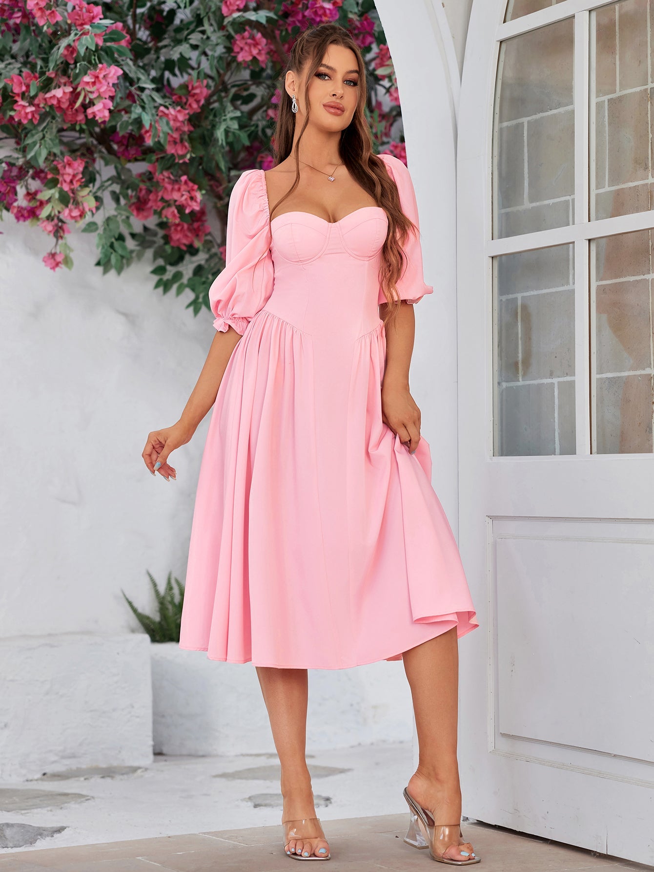 Blushing Charm Puff-Sleeve Midi Dress