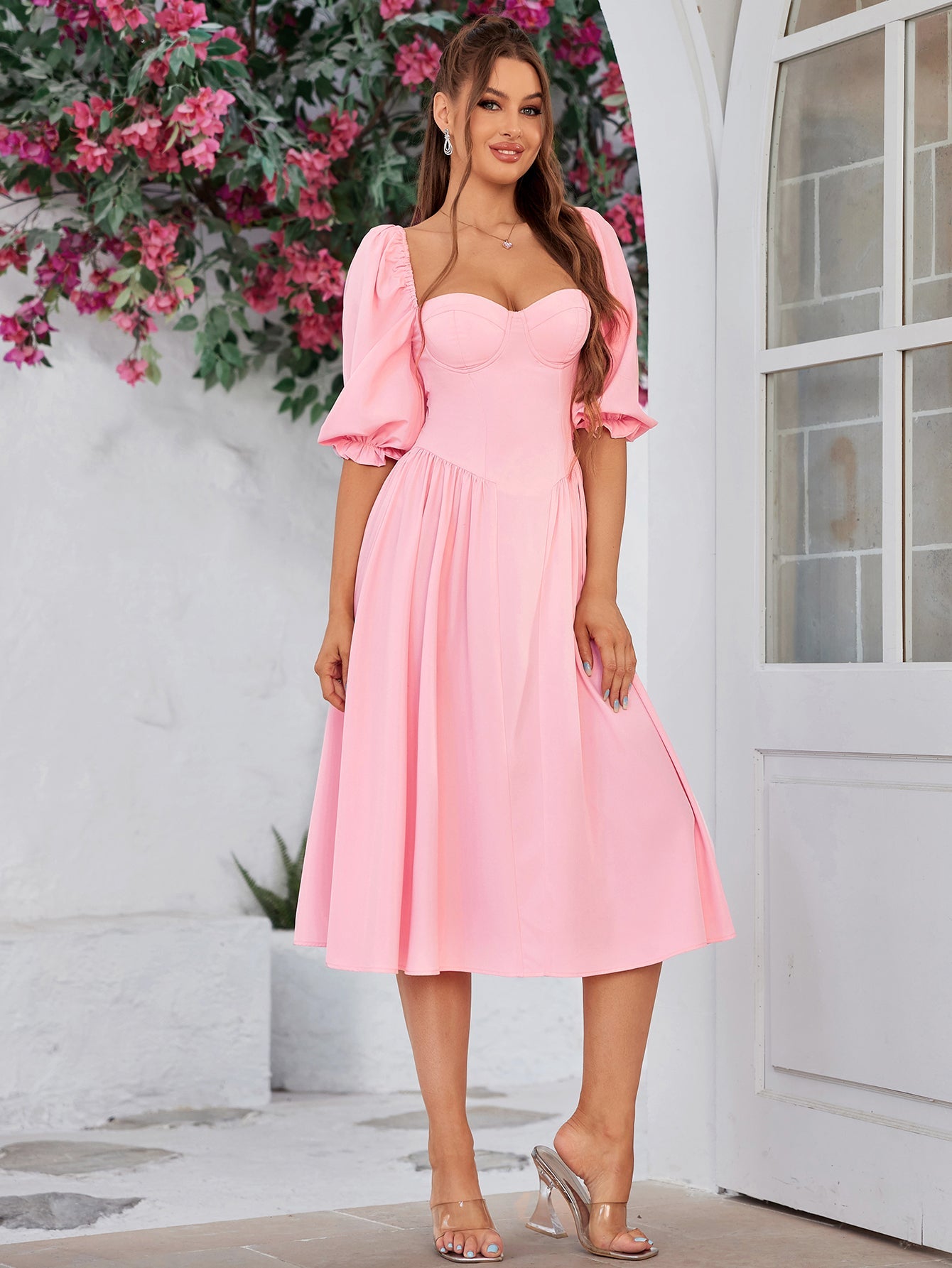 Blushing Charm Puff-Sleeve Midi Dress