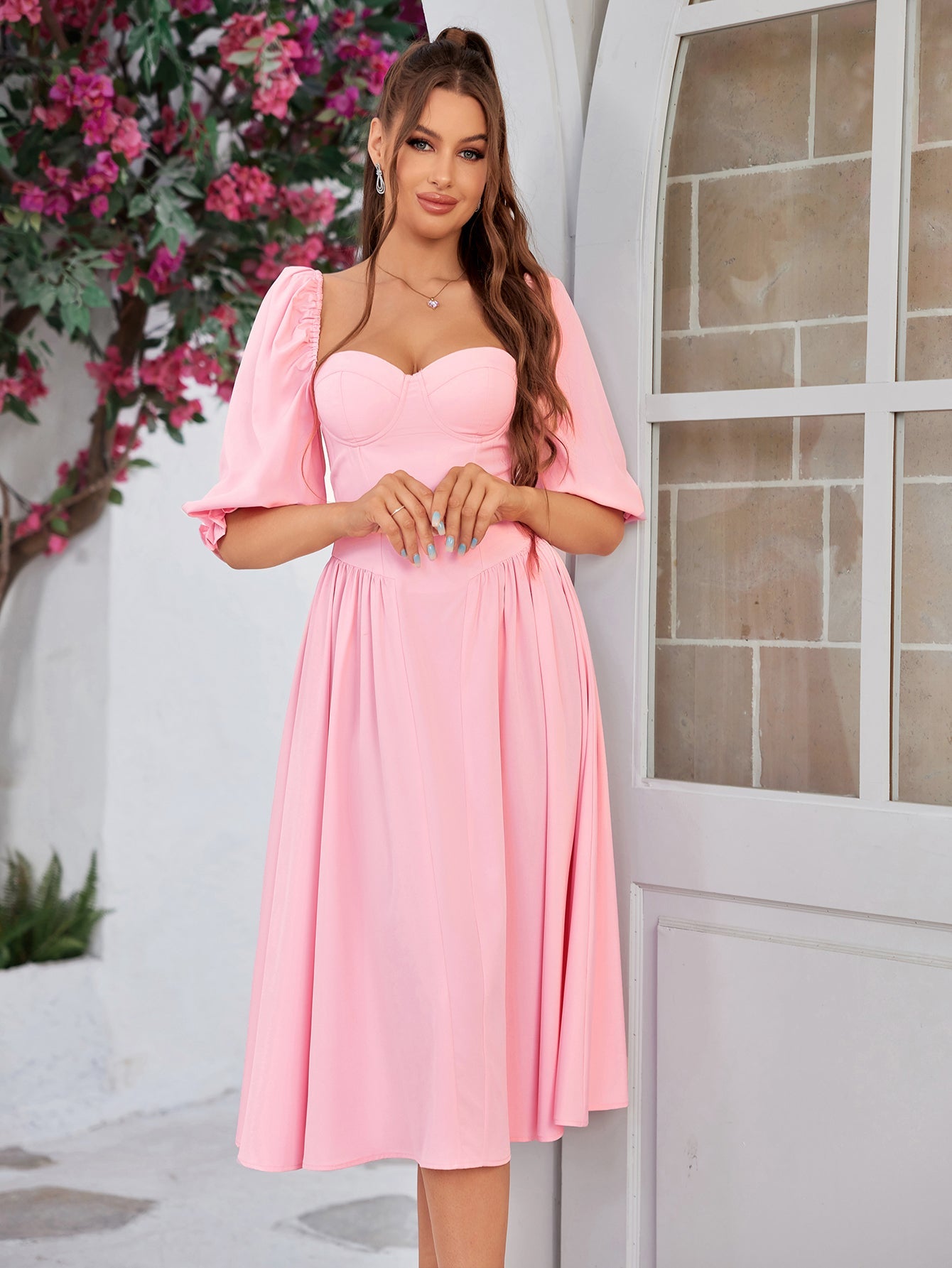 Blushing Charm Puff-Sleeve Midi Dress