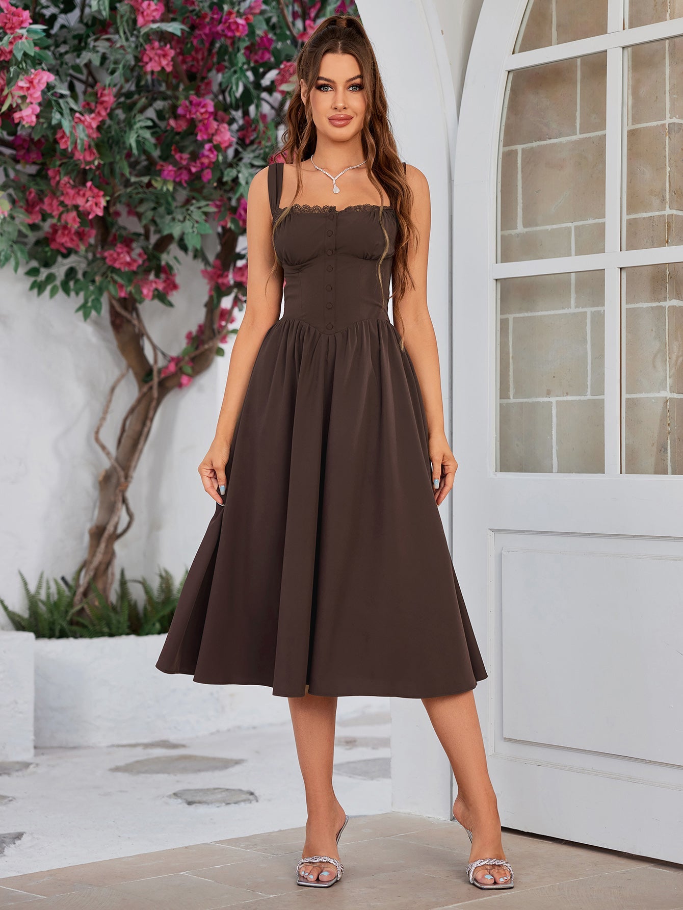 Classic Lace-Trimmed Mid-Length Dress