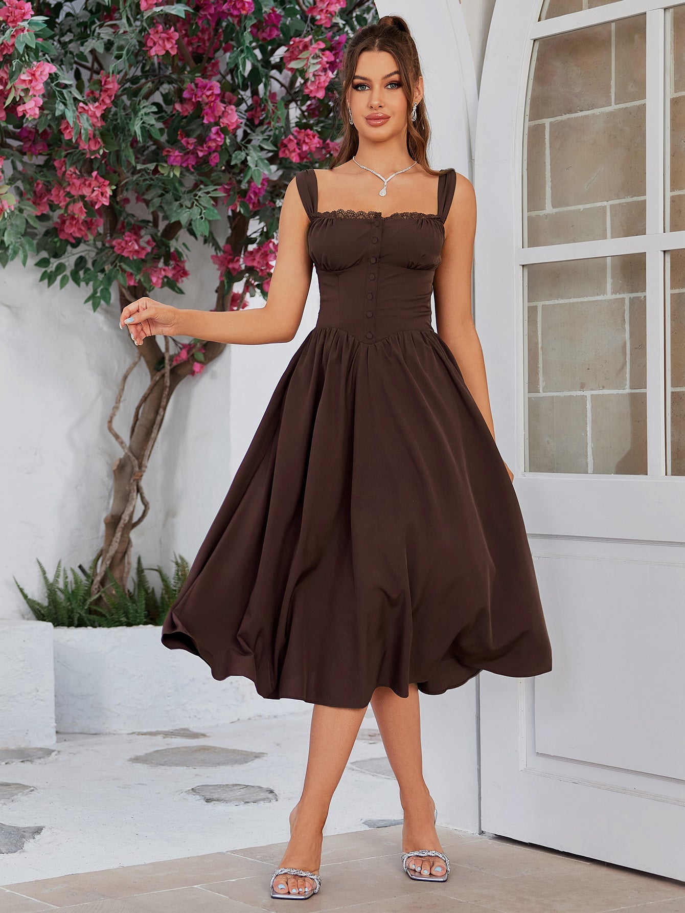 Classic Lace-Trimmed Mid-Length Dress