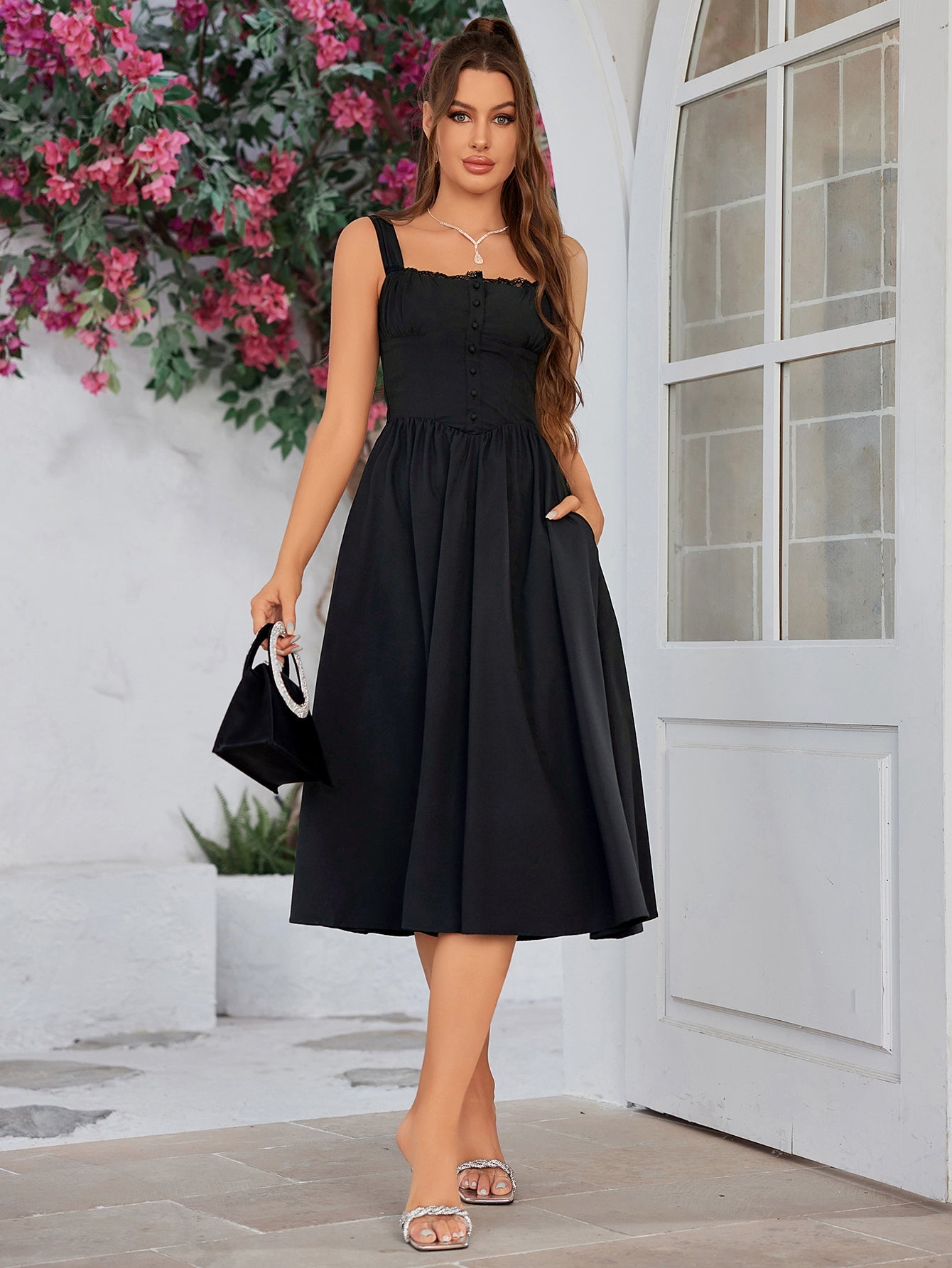 Classic Lace-Trimmed Mid-Length Dress
