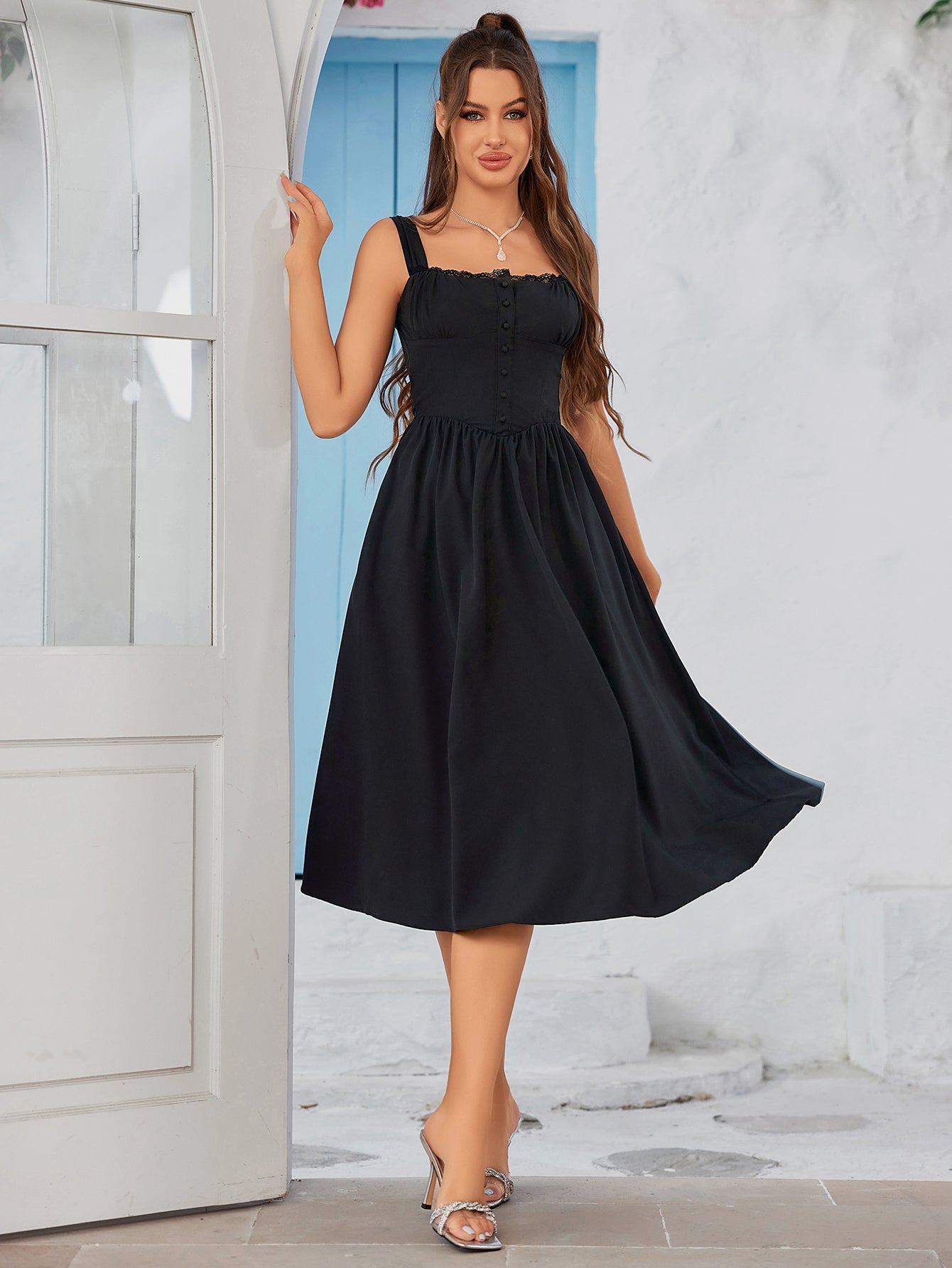 Classic Lace-Trimmed Mid-Length Dress