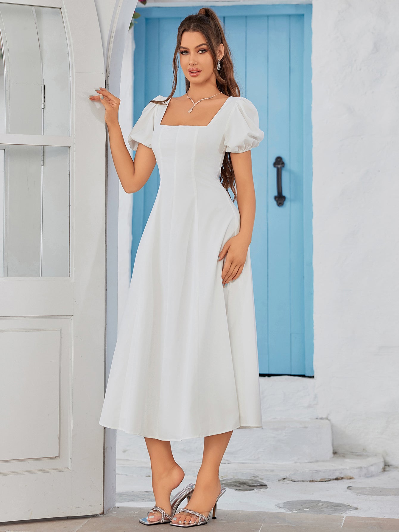 Classic White Square Neck Midi Dress