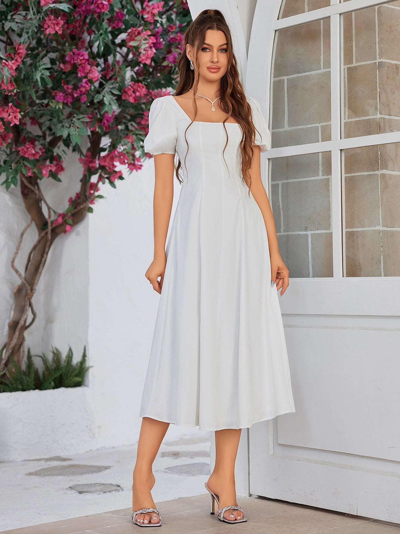 Classic White Square Neck Midi Dress
