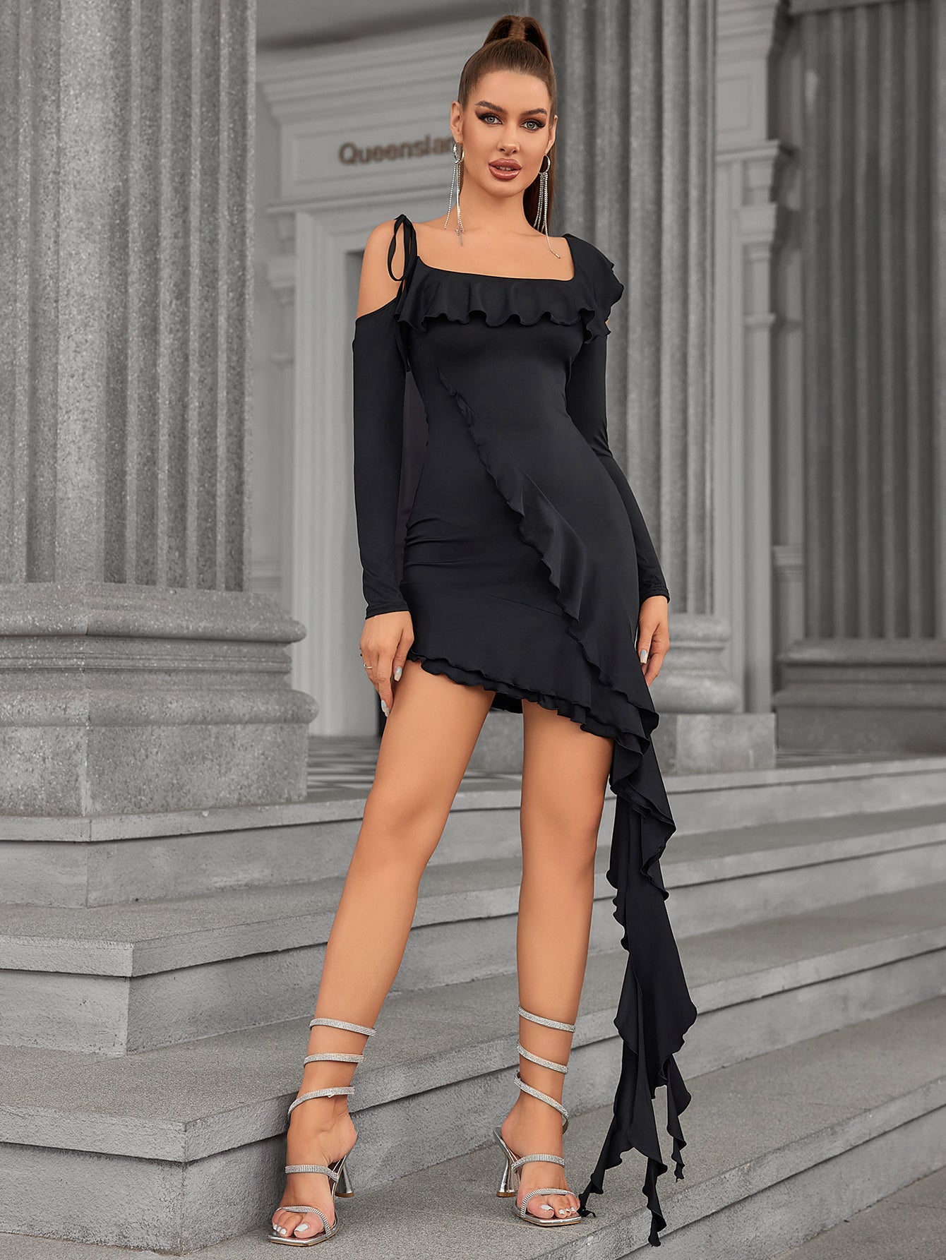 Noir Ruffle Cascade Cocktail Dress