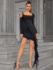 Noir Ruffle Cascade Cocktail Dress