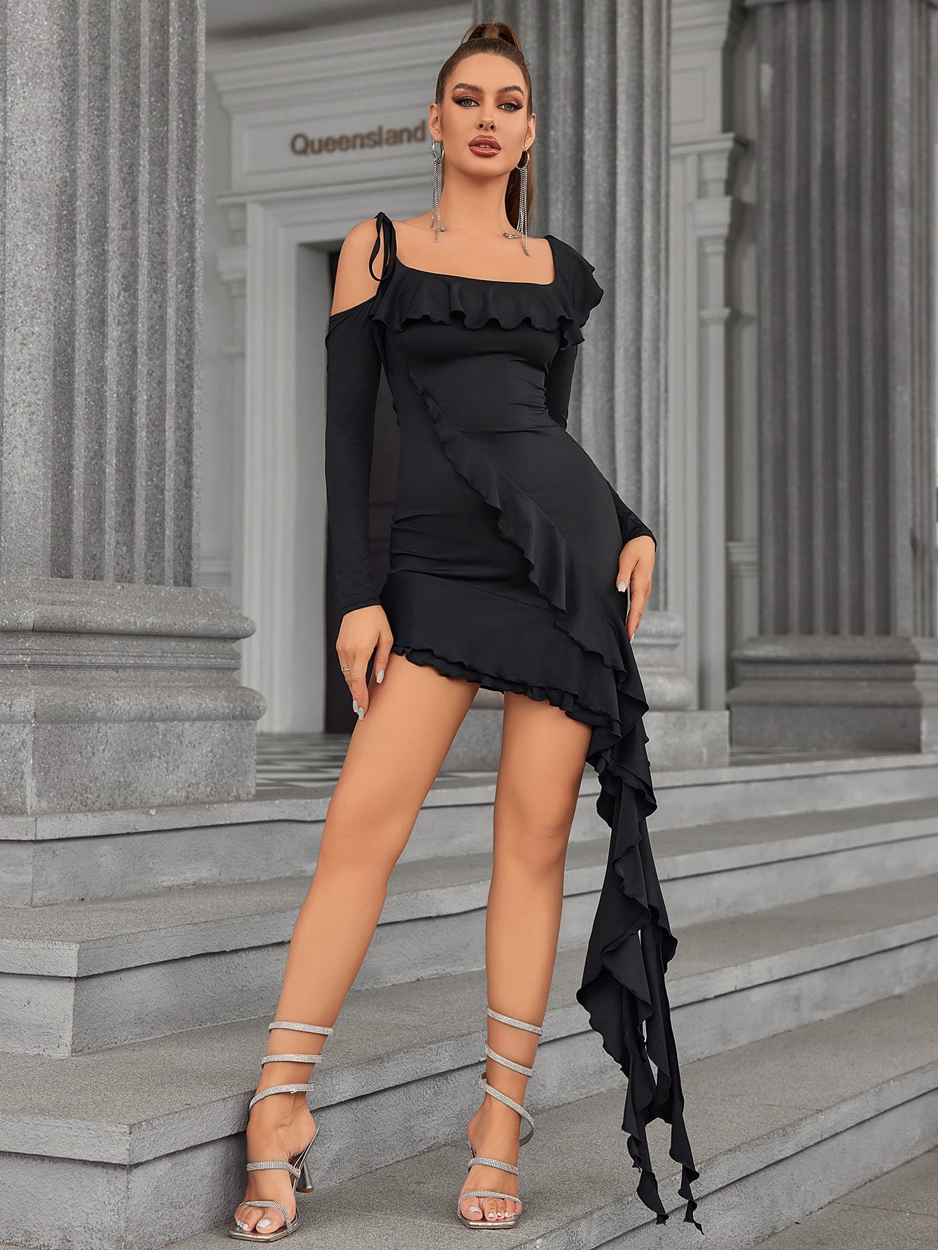 Noir Ruffle Cascade Cocktail Dress
