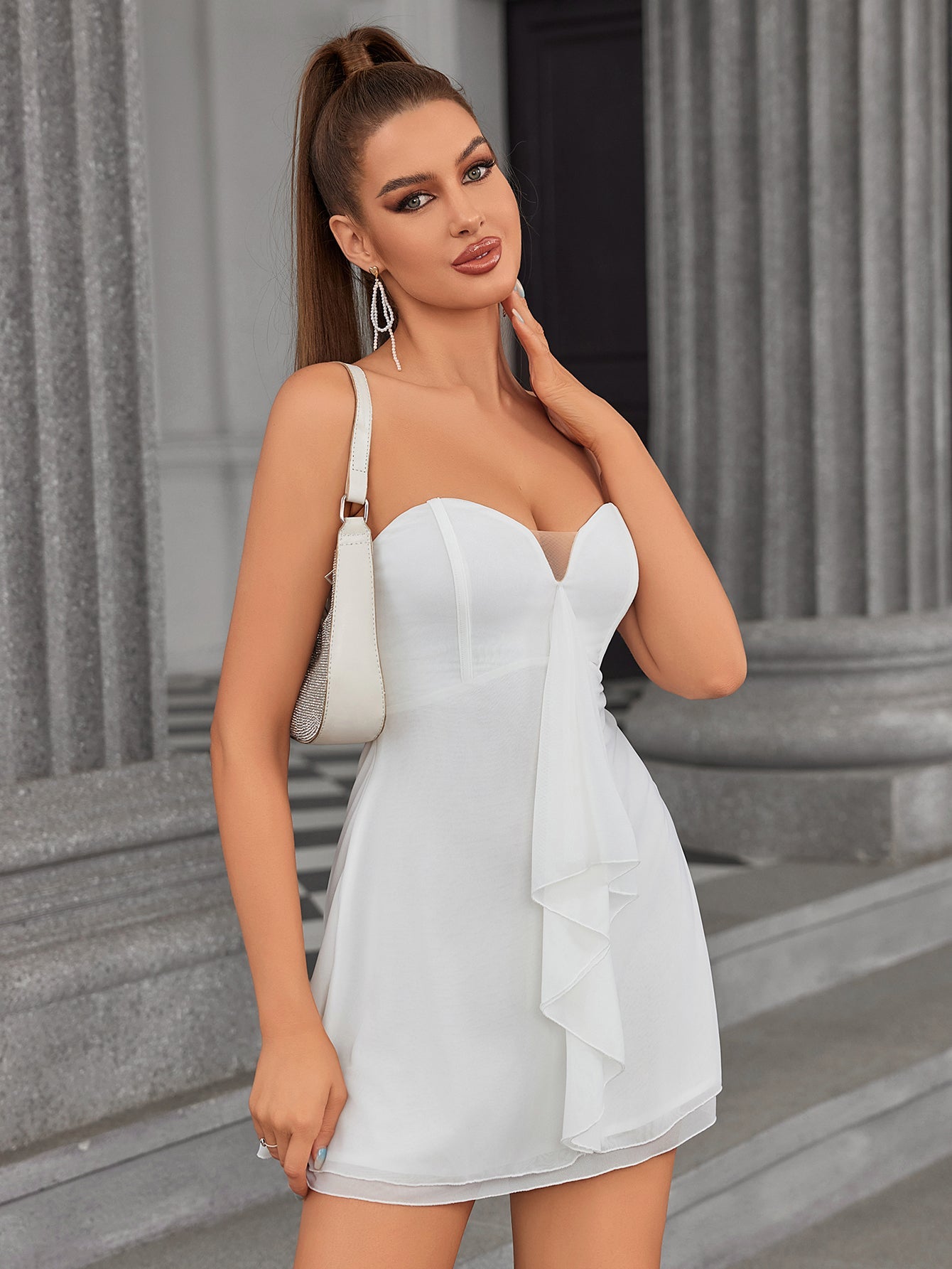Flounce Trimmed Sweetheart Mini Dress
