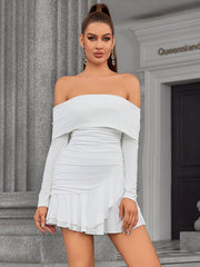 Off-Shoulder Ruched Ruffle Mini Dress