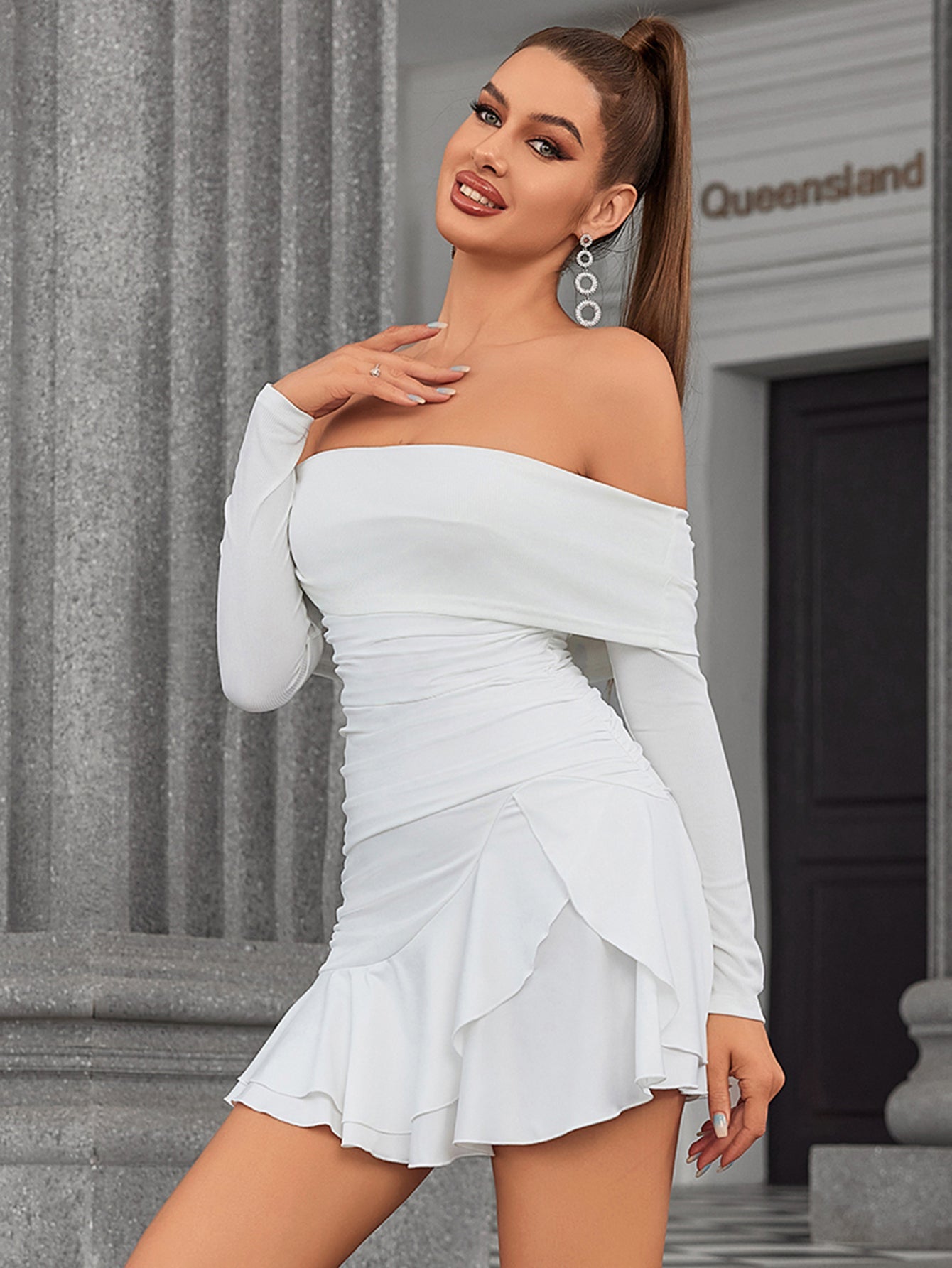 Off-Shoulder Ruched Ruffle Mini Dress
