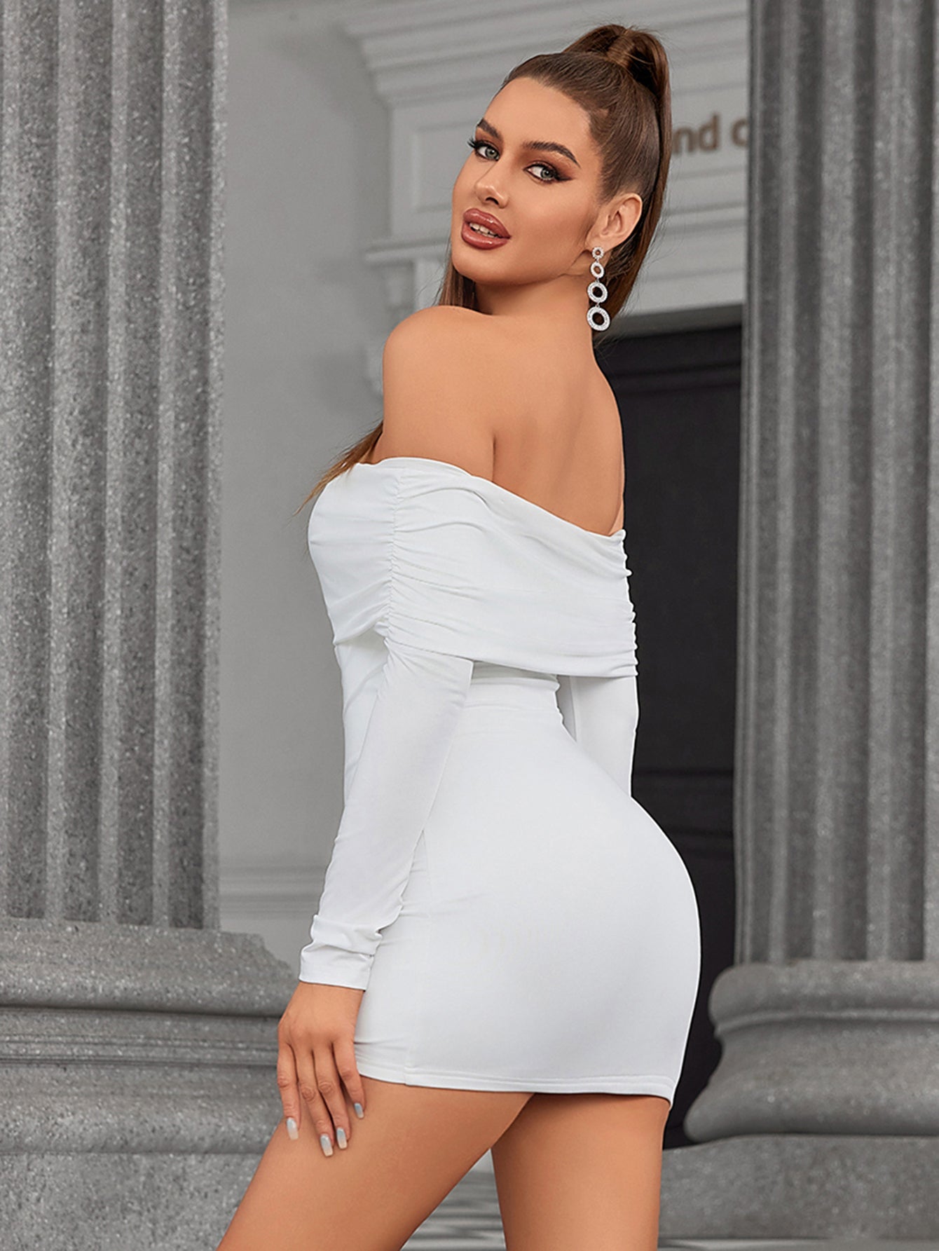Off-Shoulder Lace-Up Ruched Mini Dress