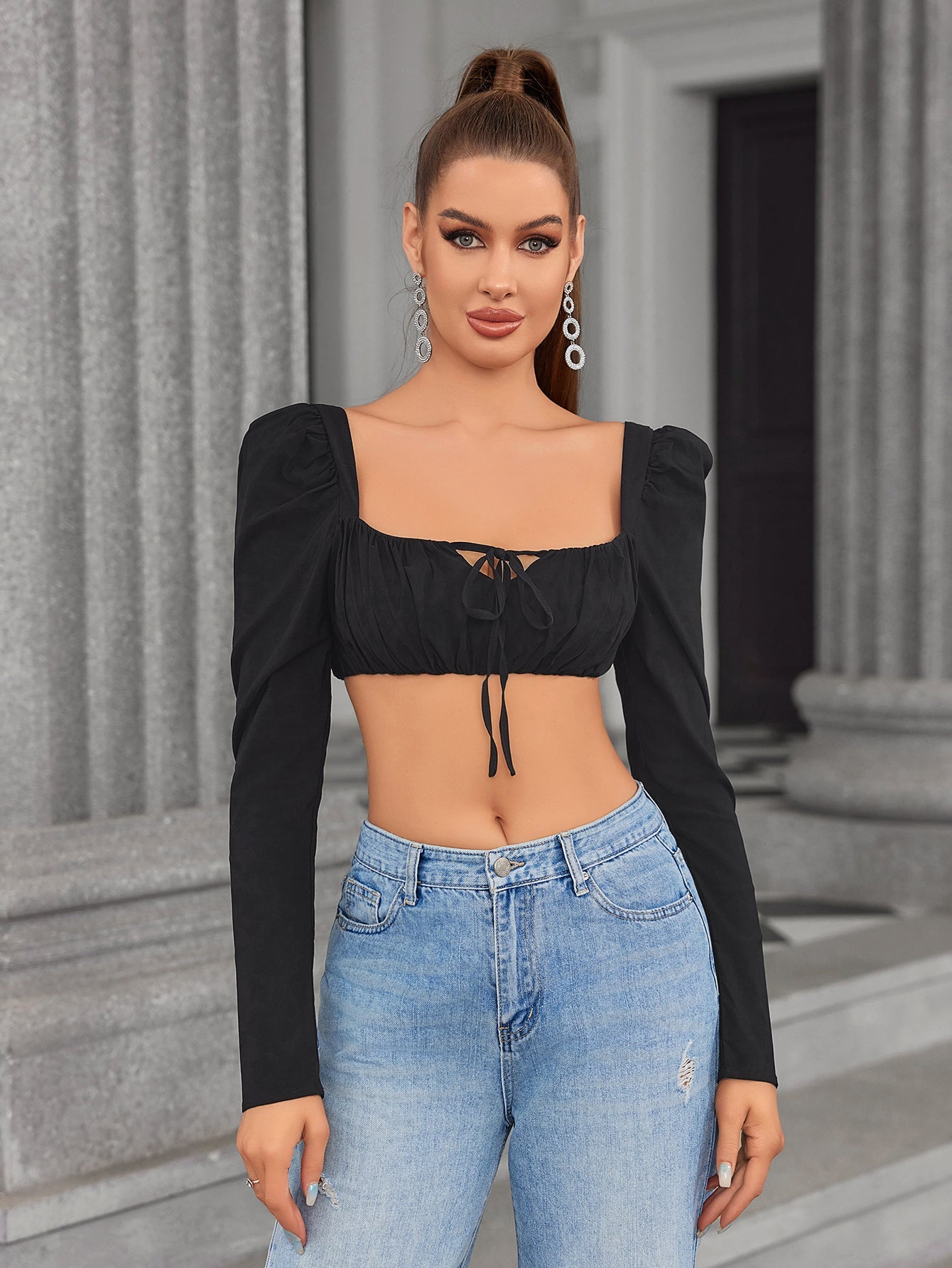 Long Sleeve Tie Front Crop Top