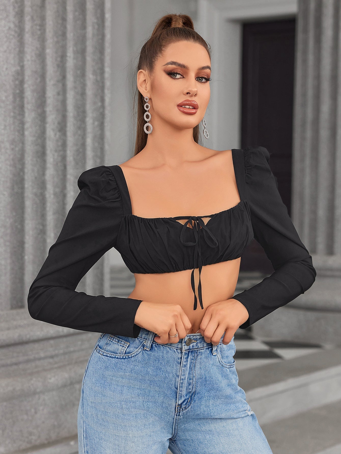 Long Sleeve Tie Front Crop Top