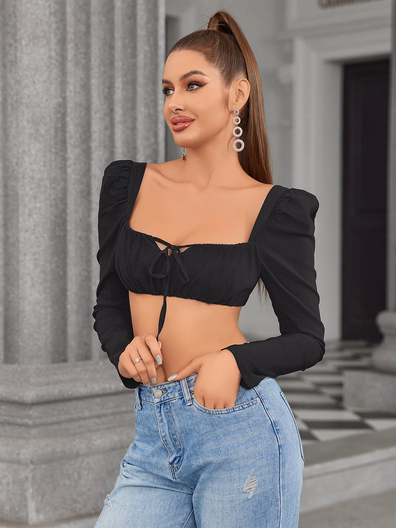 Long Sleeve Tie Front Crop Top