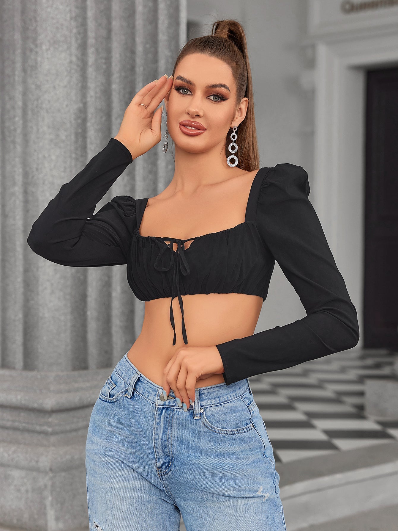 Long Sleeve Tie Front Crop Top