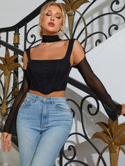 Bell Sleeve Cut Out Mesh Corset Top