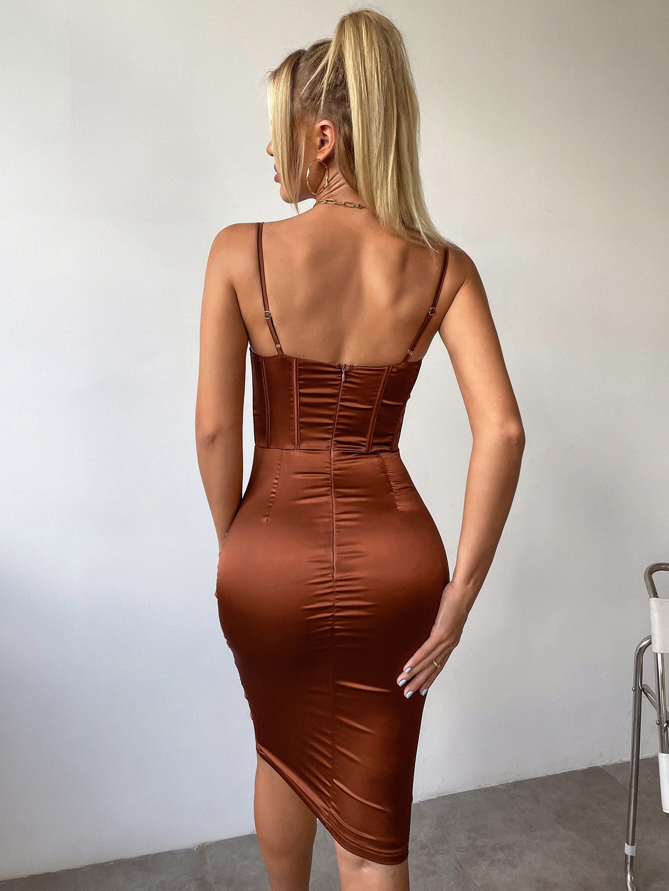 Draped Cowl Neckline Corset Satin Dress