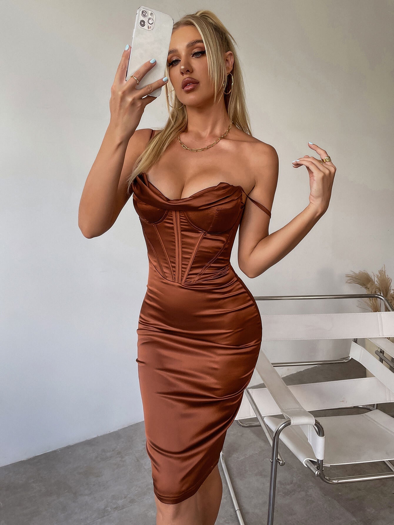Draped Cowl Neckline Corset Satin Dress