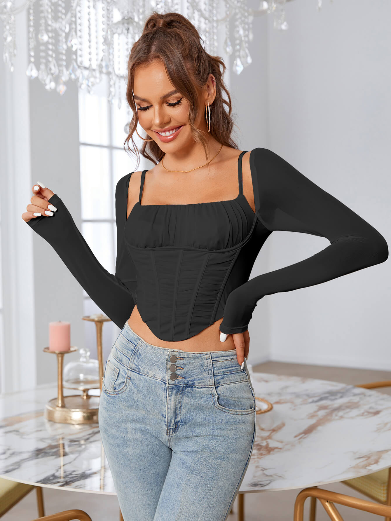 Long Sleeve Mesh Corset Top