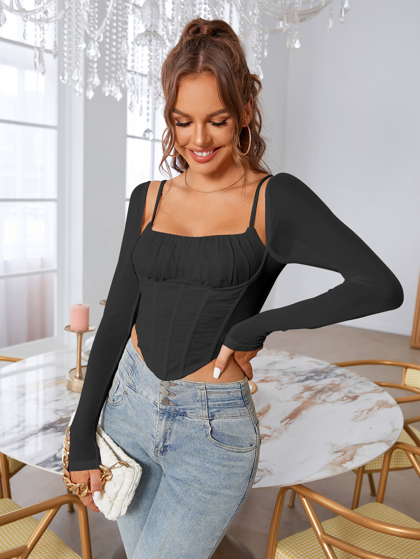 Long Sleeve Mesh Corset Top