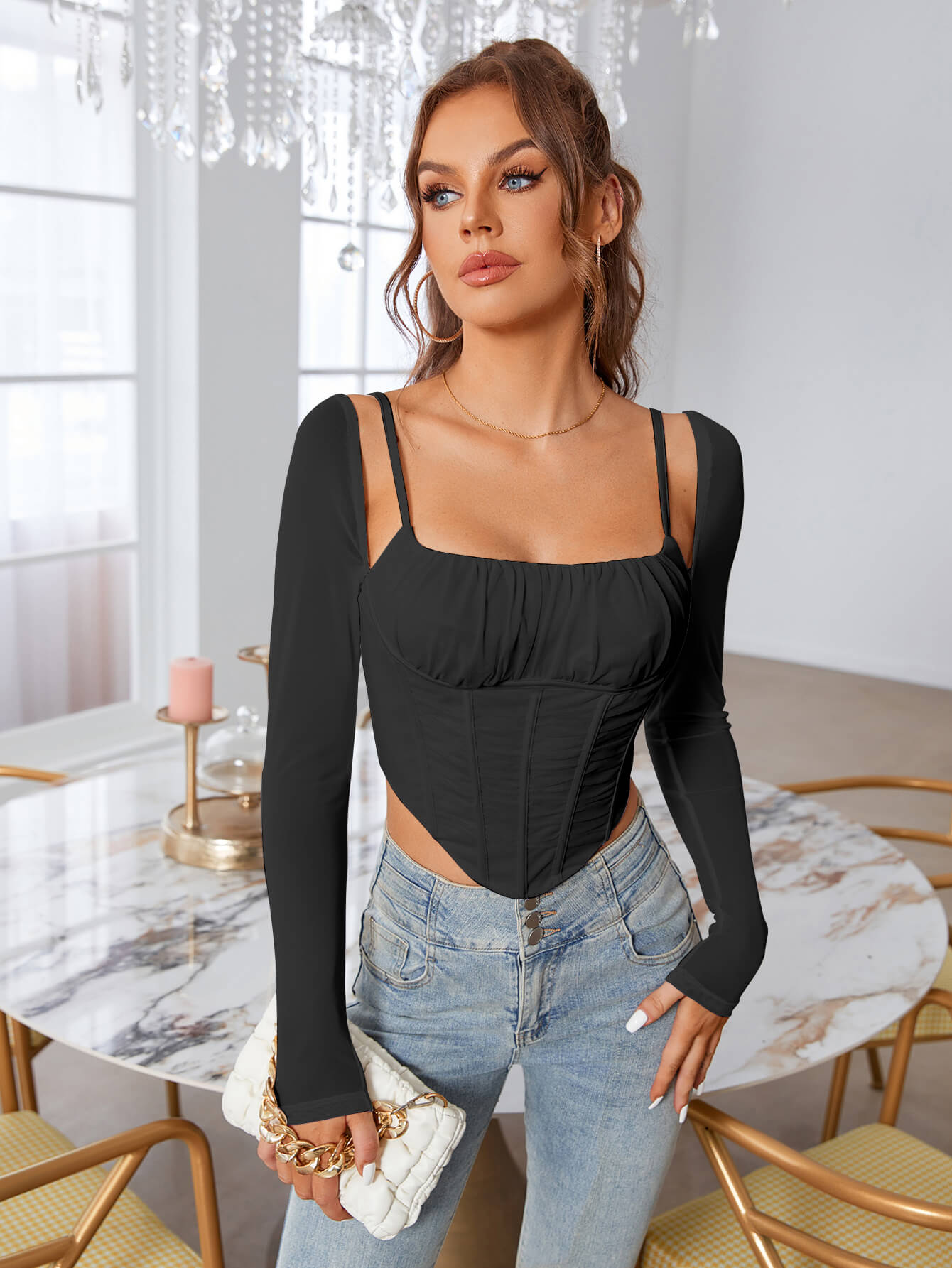 Long Sleeve Mesh Corset Top