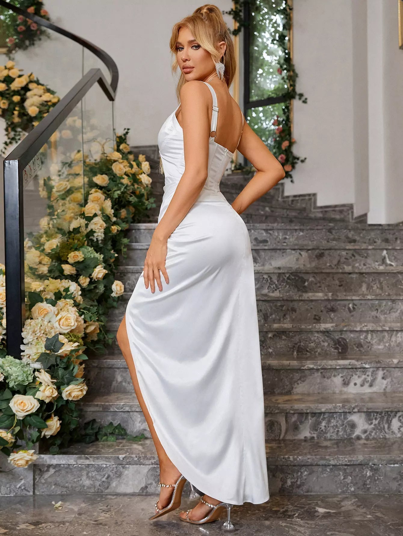Deep V Neck High Slit Satin Dress