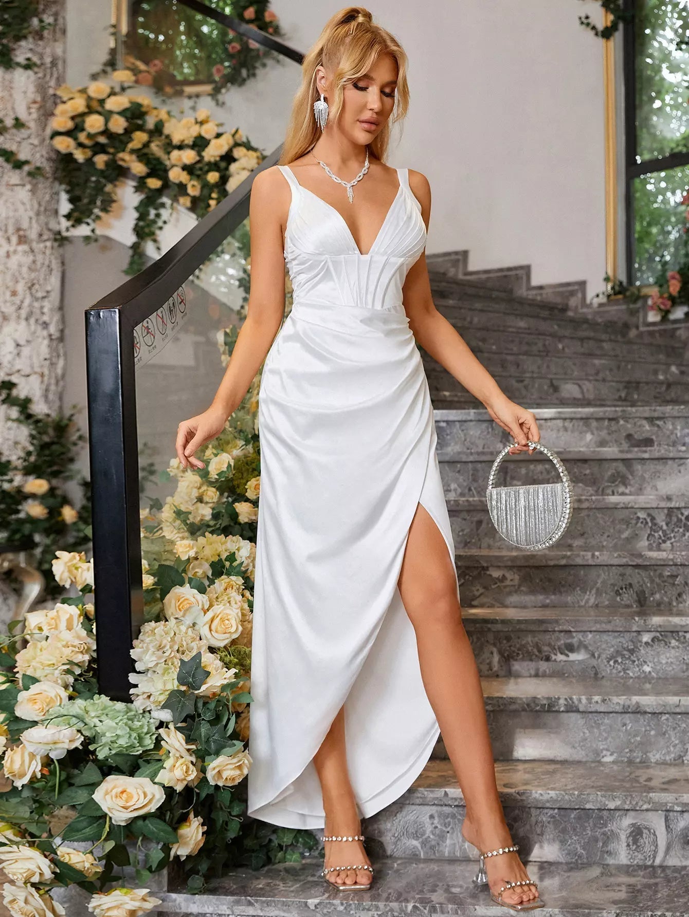 Deep V Neck High Slit Satin Dress