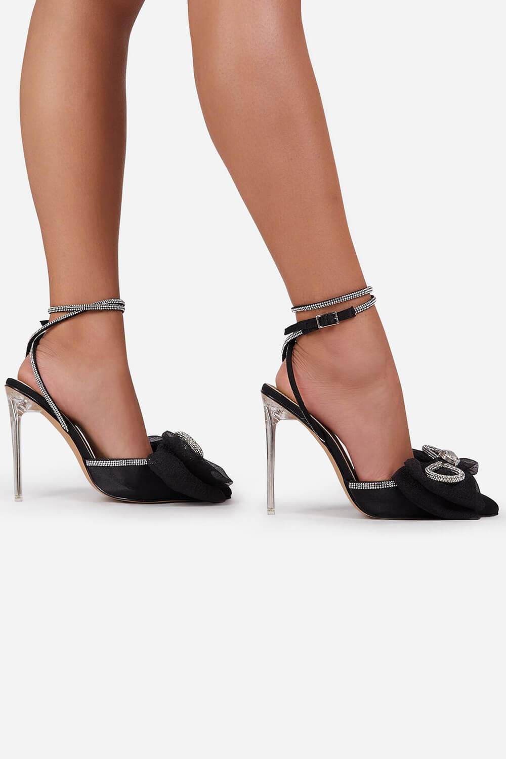 Black Satin Bow Detail Diamante Lace Up Clear Perspex Stiletto Heel