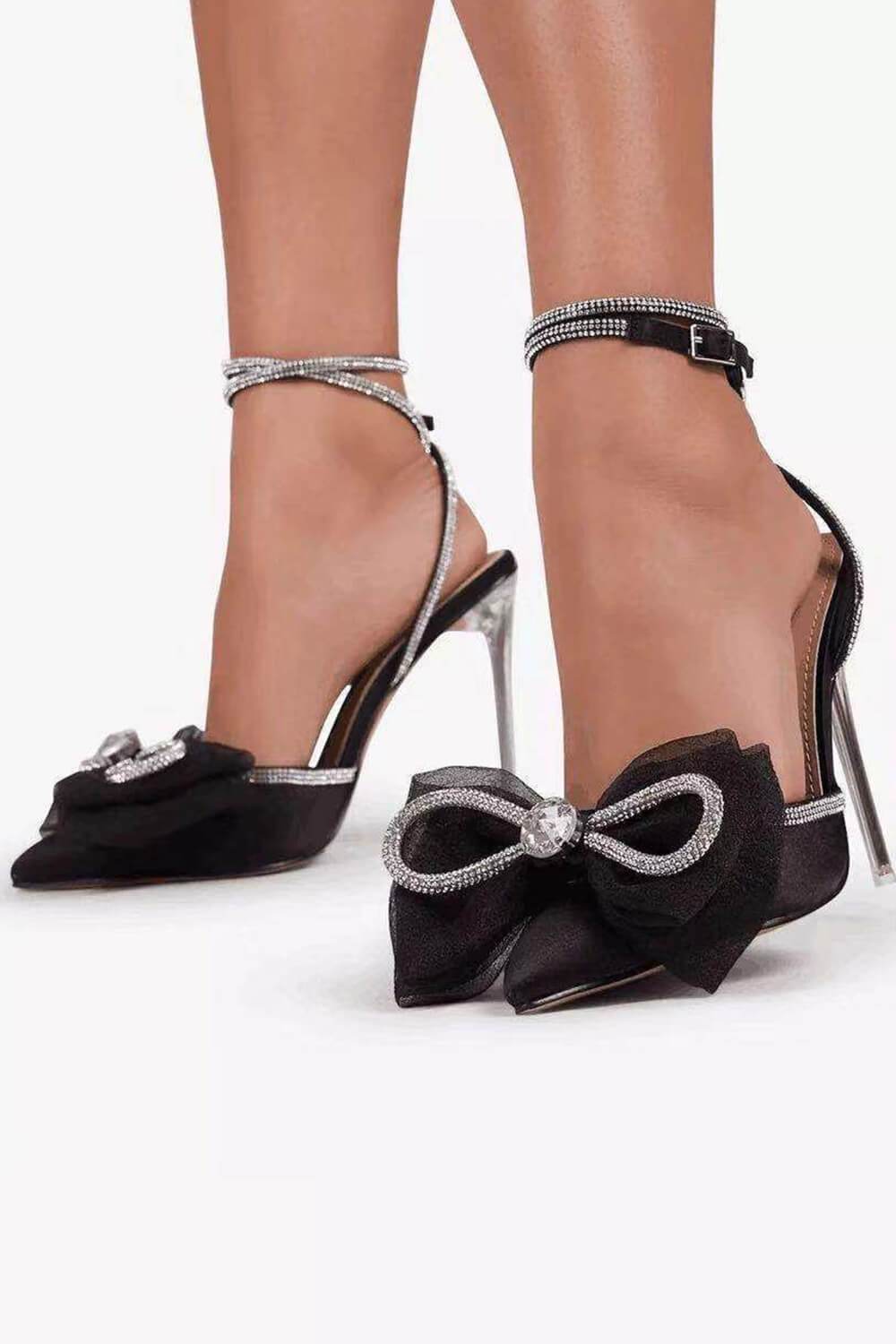 Black Satin Bow Detail Diamante Lace Up Clear Perspex Stiletto Heel