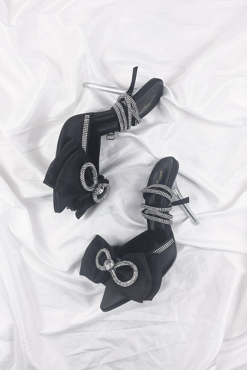 Black Satin Bow Detail Diamante Lace Up Clear Perspex Stiletto Heel