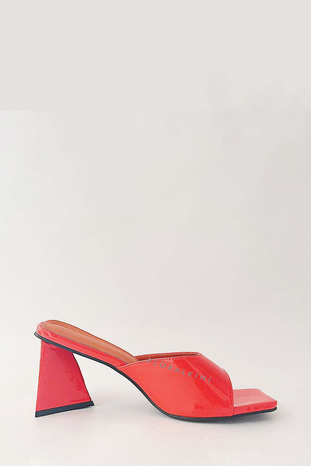 Orange Patent Square Peep Toe Sculptured Flared Block Heel Mules