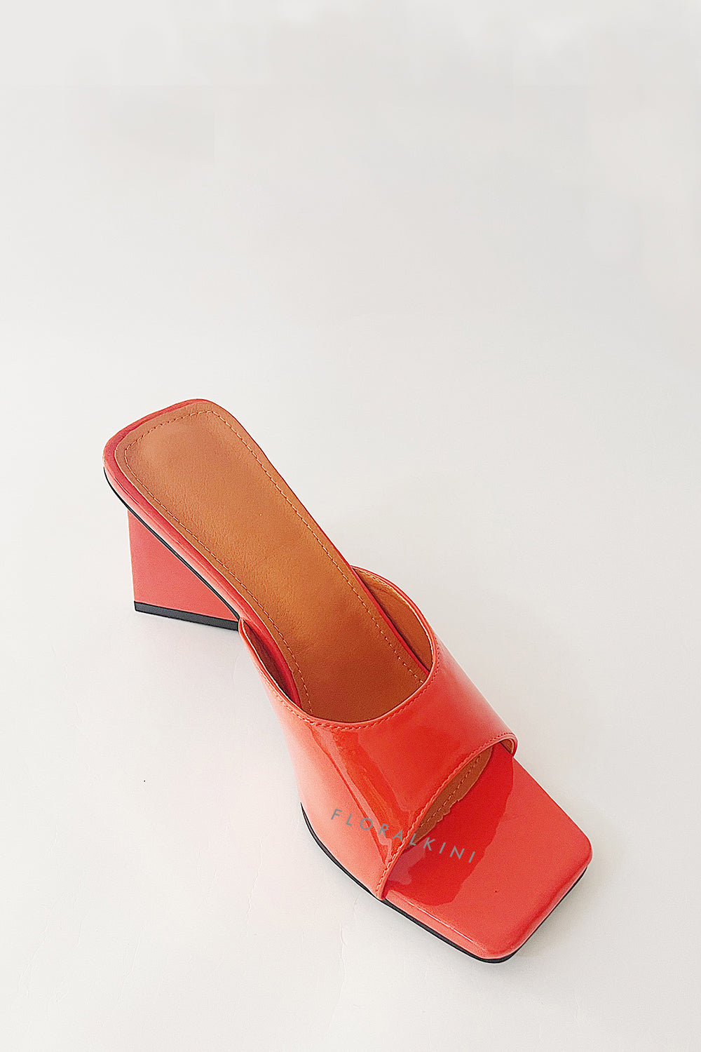 Orange Patent Square Peep Toe Sculptured Flared Block Heel Mules
