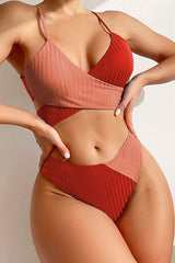 Red Rib Colorblock High-Waist Bikini Bottoms