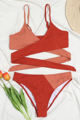 Red Rib Colorblock High-Waist Bikini Bottoms