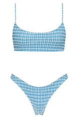 Blue Check Textured Bikini Bottoms