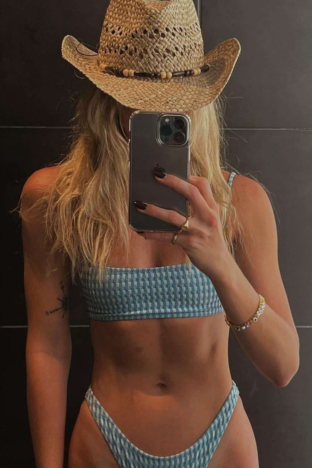 Blue Check Textured Scoop Crop Bikini Top