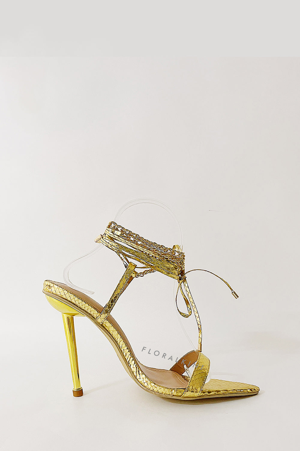 Gold Snake Print Faux Leather Chain Detail Lace Up Pointed Toe Heel