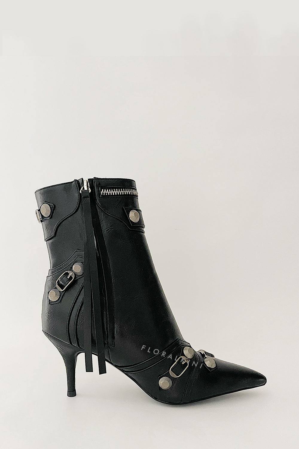 Pointed Toe Ankle Stiletto Boots With Studs And Pin Buckle Strap Details - Black