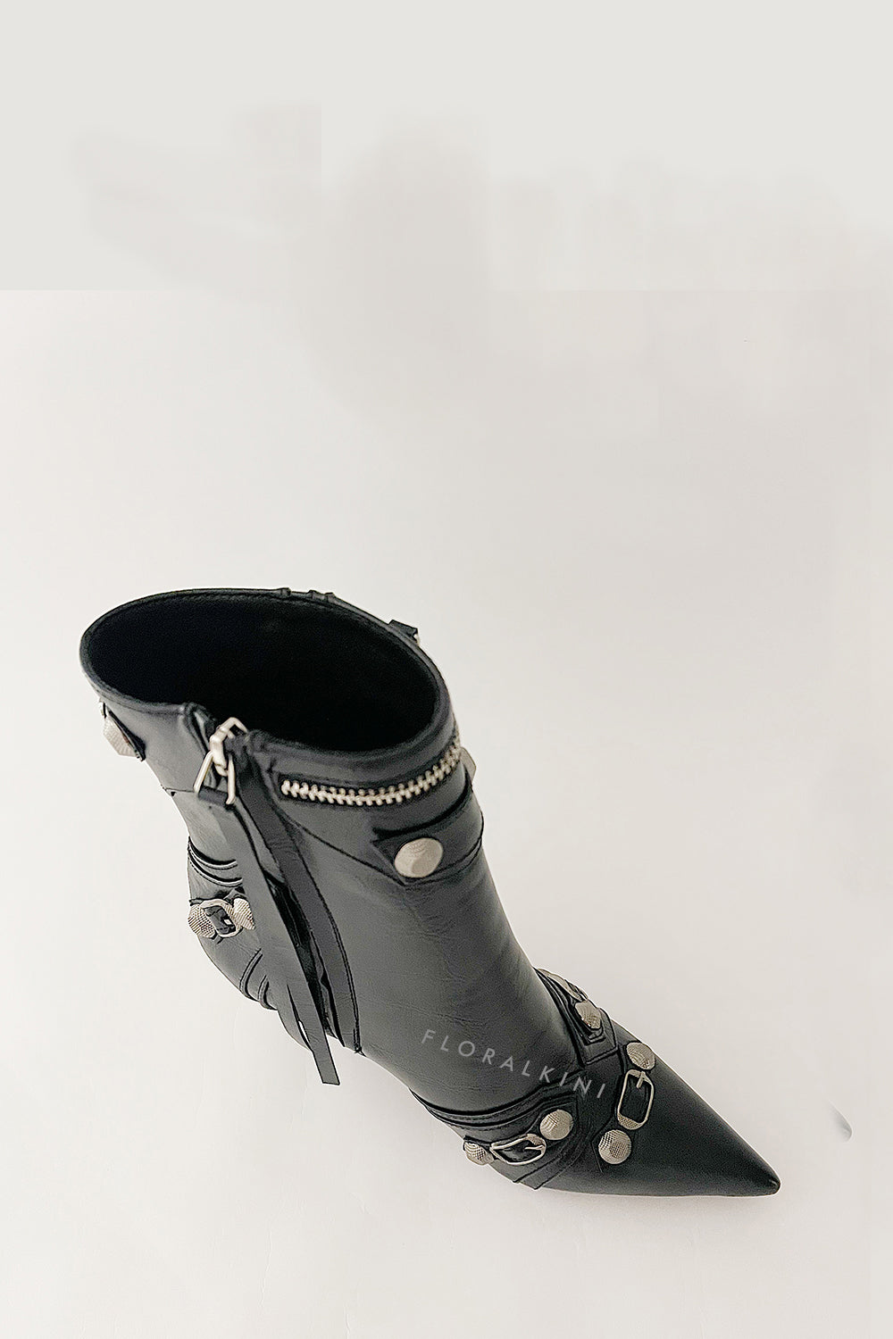 Pointed Toe Ankle Stiletto Boots With Studs And Pin Buckle Strap Details - Black