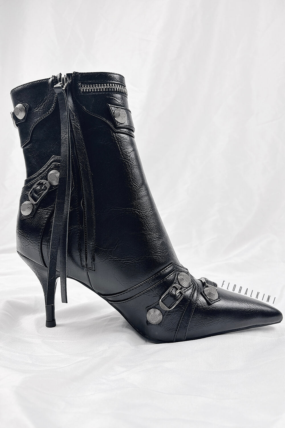 Pointed Toe Ankle Stiletto Boots With Studs And Pin Buckle Strap Details - Black