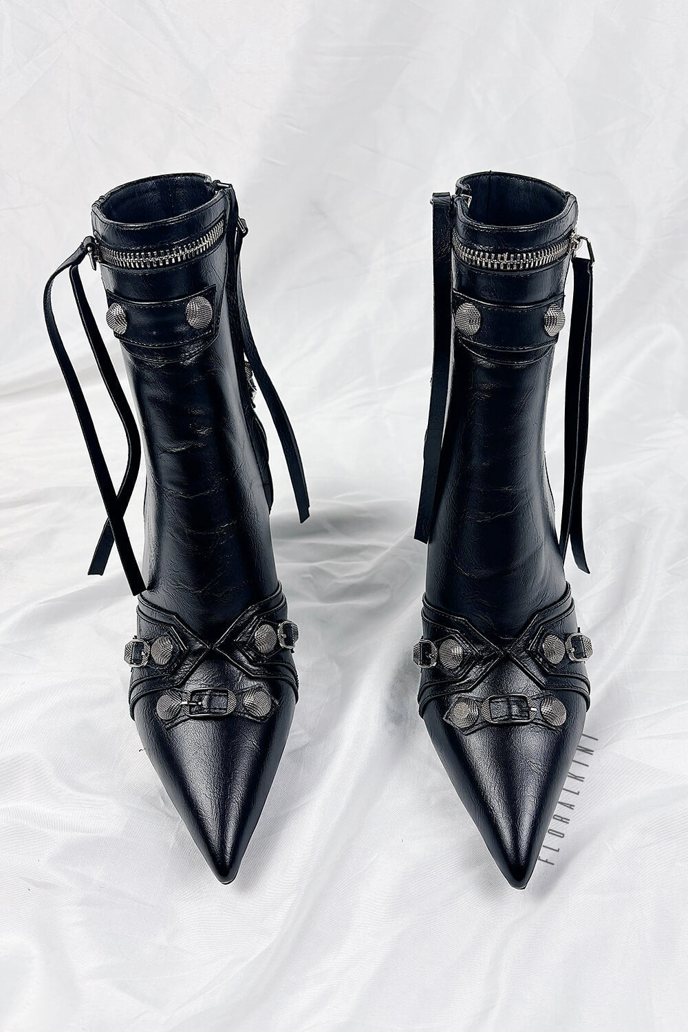 Pointed Toe Ankle Stiletto Boots With Studs And Pin Buckle Strap Details - Black